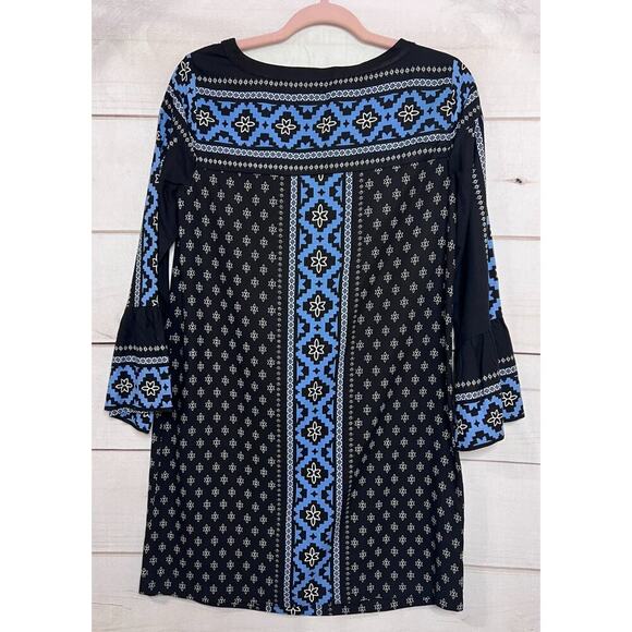 Loft Dress Size Small Petite Long Sleeve Black Blue White Boehmian Chic - Picture 2 of 5